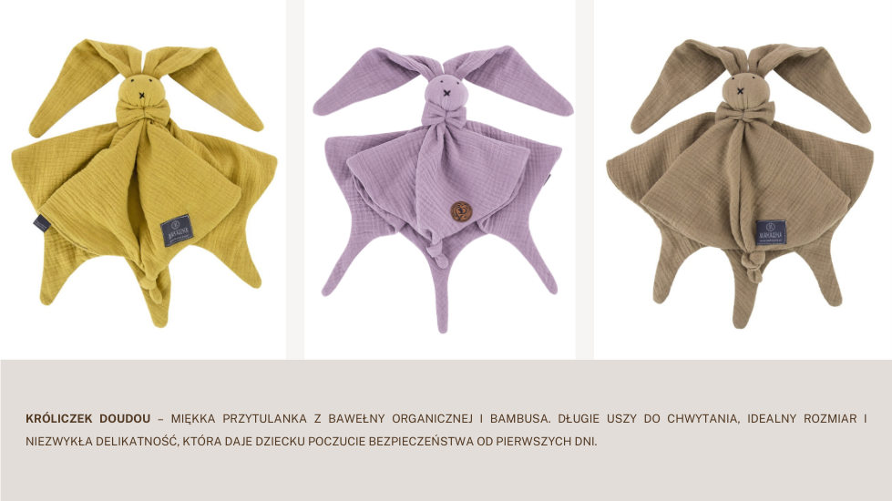 Króliczek Doudou – miękka przytulanka z bawełny organicznej i bambusa. Długie uszy do chwytania, idealny rozmiar i niezwykła delikatność, która daje dziecku poczucie bezpieczeństwa od pierwszych dni.